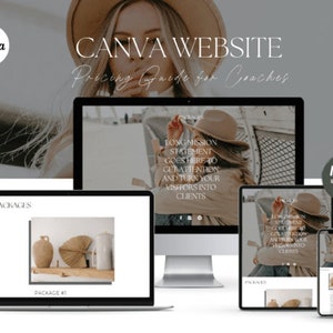 May include: A website mockup displayed on a desktop computer, tablet, and smartphone. The website is designed for coaches and includes a pricing guide. The website has a light background with a brown and white colour scheme. The text on the website reads "Canva Website Pricing Guide for Coaches".