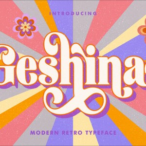 Puede incluir: Presentación de Geshina, una tipografía retro moderna con una fuente blanca sobre un fondo colorido con un patrón de rayos de sol y flores estilizadas.