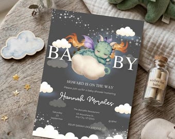 Zaproszenie na baby shower z motywem smoka, zestaw na baby shower z motywem smoka, gry na baby shower z motywem smoka, edytowalny baby shower z motywem smoka