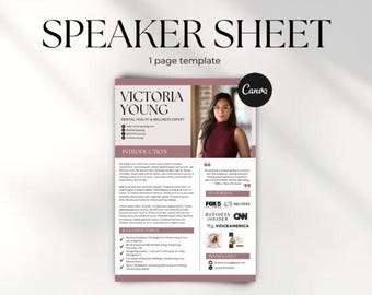 Hoja de orador, Hoja de oratoria, Credenciales de orador, Plantilla de coaching, Hoja de coaching, Hoja de coaching de marca, Coaching de influencers