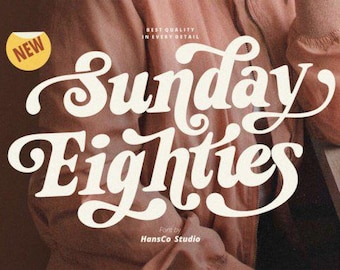 May include: A white font design with the text "Sunday Eighties" in a retro style. The font is displayed on a peach colored background with a yellow sticker that says "NEW" in the top left corner. The text "Font by HansCo Studio" is displayed in the bottom center of the image.
