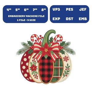 Christmas Pumpkin Embroidery Design, Patchwork Plaid Pumpkin Machine Embroidery File, Poinsettia Candy Cane Holiday PES DST JEF