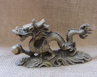 tom369Vintage antique Dragon with bead Statue Brass Magical Noble Copper  Dragon Figurine Home Office Desk Feng Shui Decor Royal waved Loong