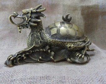 Vintage antique  brass dragon  turtle statue  incense burner ashtray  Retro animal statuette ornament Good Luck christmas Gift house warming