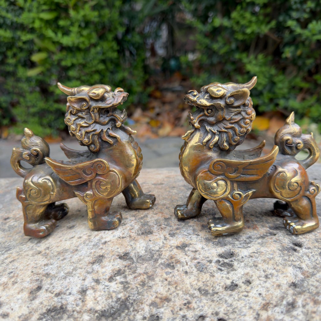 Vintage Patina Brass Pi Xiu Pair, Handmade Feng Shui Pixiu Statue ...