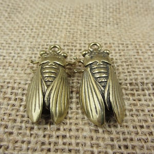 Puede incluir: Dos colgantes de cigarra de color bronce. Cada colgante presenta alas detalladas, segmentos corporales y un lazo para sujetarlo a joyas u otras manualidades. Las cigarras se muestran sobre un fondo neutro y texturizado.