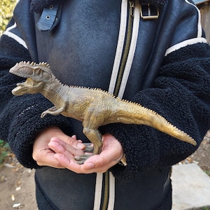 May include: A brown and tan dinosaur figurine with a textured, scaly surface, a long tail, and an open mouth showing teeth. The creature stands on two hind legs with small front arms, featuring a prominent ridge along its back and head.