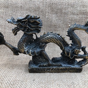 Brass Dragon play The bead Figure, Ancient bronze Animal Beast Loong Antique VTG Collection Oriental Civilization Feng Shui Dragon Figurine