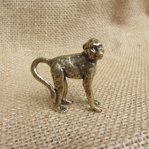 May include: A small, brass monkey figurine in a standing pose. The monkey has detailed features, including a textured fur appearance and a curled tail. The figurine is set against a neutral, textured background.