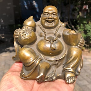 Brass Laughing Smiling Buddha Statue Old Copper Happy Laugh Maitreya Buddha Wealth Statue,Budai Figure Buddhism Happiness God of Wealth Zen