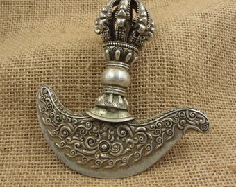 Real and Rare Tibetan Nepal vintage antique White copper Phurba  Kartika Vajra Dorje Tantra Buddha Vajra with base Exorcism amulet tom650211