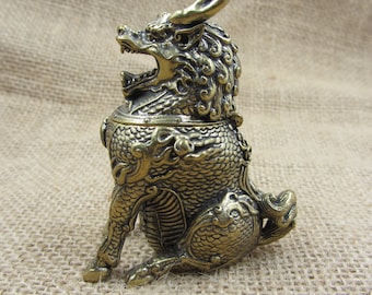Retro brass asian lion foo dog  kyrin dragon statue incense burner censer study room decor Temple Guardian Kirin Pi Yaoyoga zen meditation
