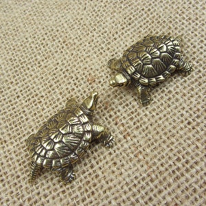 May include: Two small, detailed brass turtle figurines. The turtles have textured shells and are positioned on a textured, tan fabric background. The turtles are facing different directions.