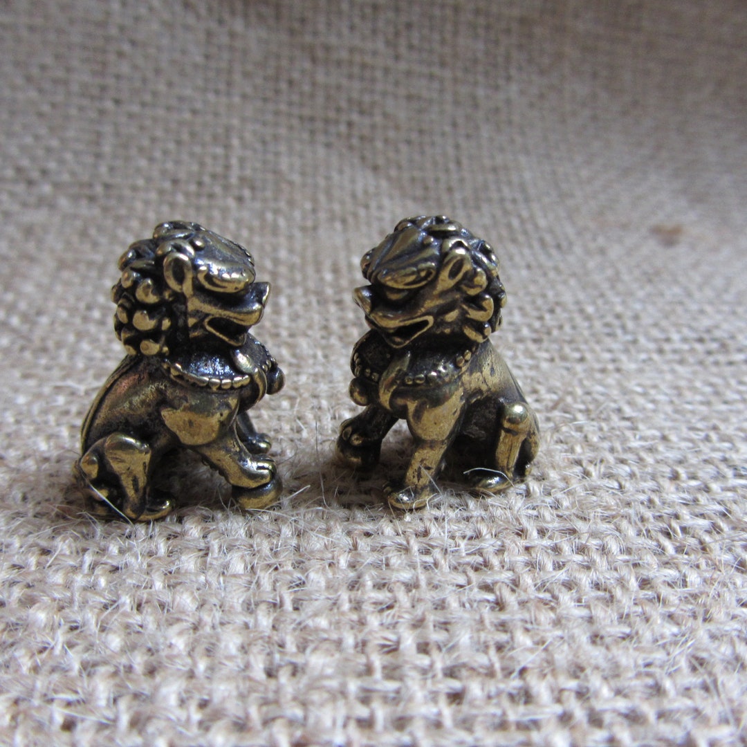 Matched Pair Mini Brass Lion Foo Dogs Statue, Fu Dog Guardian Lion ...