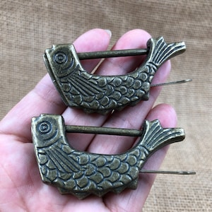 Get 2 pic Simple Fish Locks Suitcase Brass Notebook Padlocks,Small Locks for Cabinet Suitcase, Collectible Chinese Asian brass small lock
