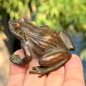 以下が含まれることがあります： 表面に質感のある、暗い茶色の金属製カエルの置物。カエルはしゃがんだ姿勢で、前脚を前に伸ばし、後ろ脚を体の下に折りたたんでおり、詳細な解剖学的特徴が表現されています。