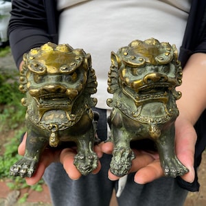 Puede incluir: Un par de estatuas de leones guardianes a juego en tonos bronce con intrincados detalles en relieve en las melenas, caras y patas. Las figuras tienen una pátina oscura y desgastada con reflejos dorados pulidos en las superficies.