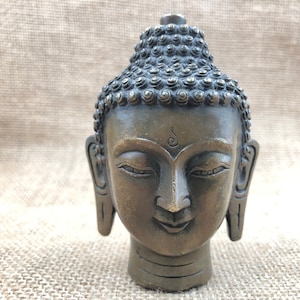 VTG Bronze Buddha Head, Buddha Bust, Zen Meditation Copper Casting, Detail Decorative Metal Buddha Bust Thai Head of Buddha Shakyamuni Face