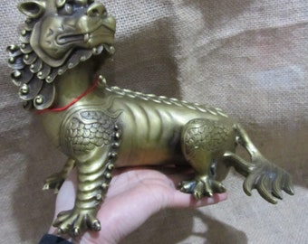 Vintage Copper Gilt Fengshui Animal Pixiu Beast Wealth Bixie Statue Pair,Old Chinese Copper Exorcise Evil Spirits brave troops Kylin Tom3141