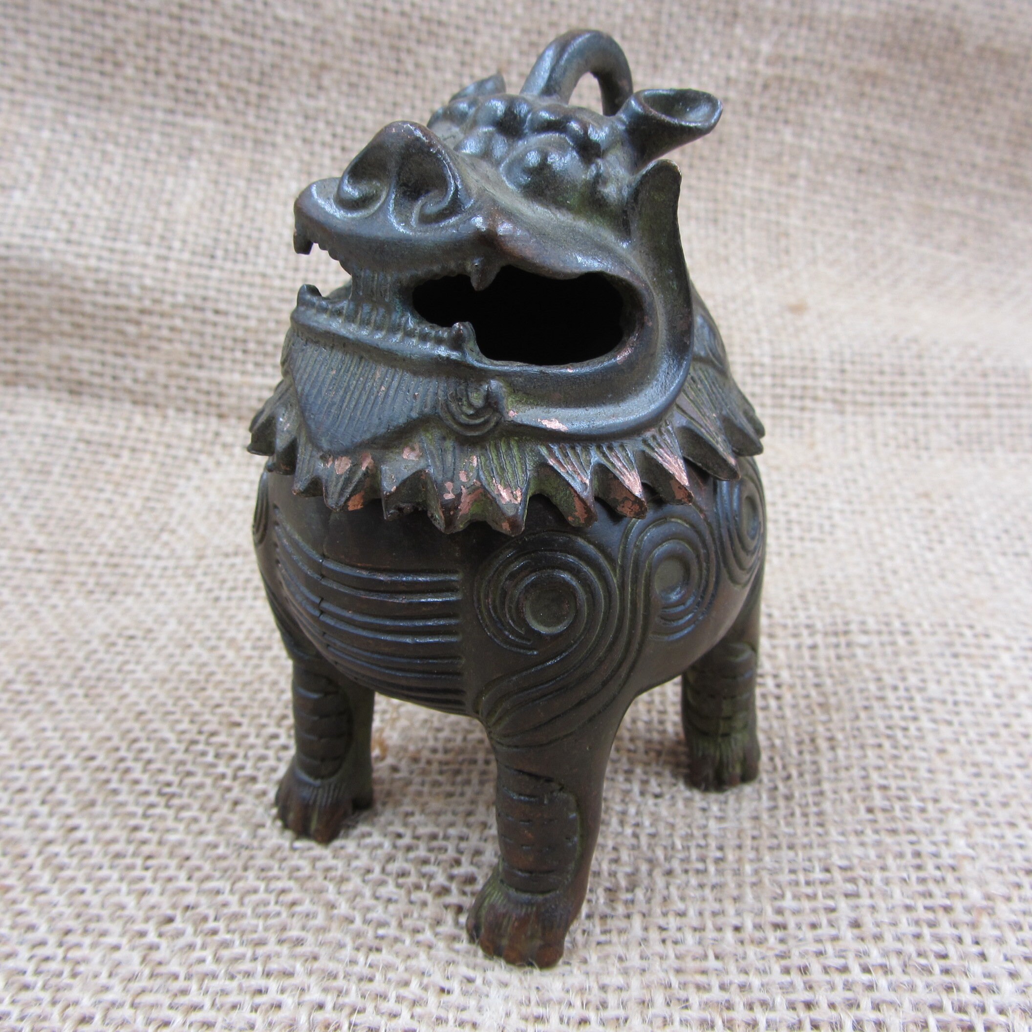 Retro Copper Asian Lion Foo Dog Dragon Statue Incense Burner Etsy