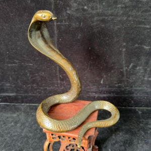 May include: A bronze cobra statue with a raised hood and detailed scales. The snake is posed on a small, ornate wooden stand. The sculpture has a metallic finish and is set against a dark background.