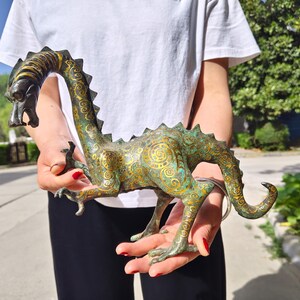 Handmade Carved Copper Dragon Statue Ornaments, Antique collection, Dinosaur Statue, Gilded Bronze Dragon Figure Bookcase Shelf Dragon Decor