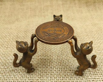 Three cats climbing the table brass candle holder teapot lid holder VTG Tiny Retro animal stand tool Good Luck Housewarming christmas Gift