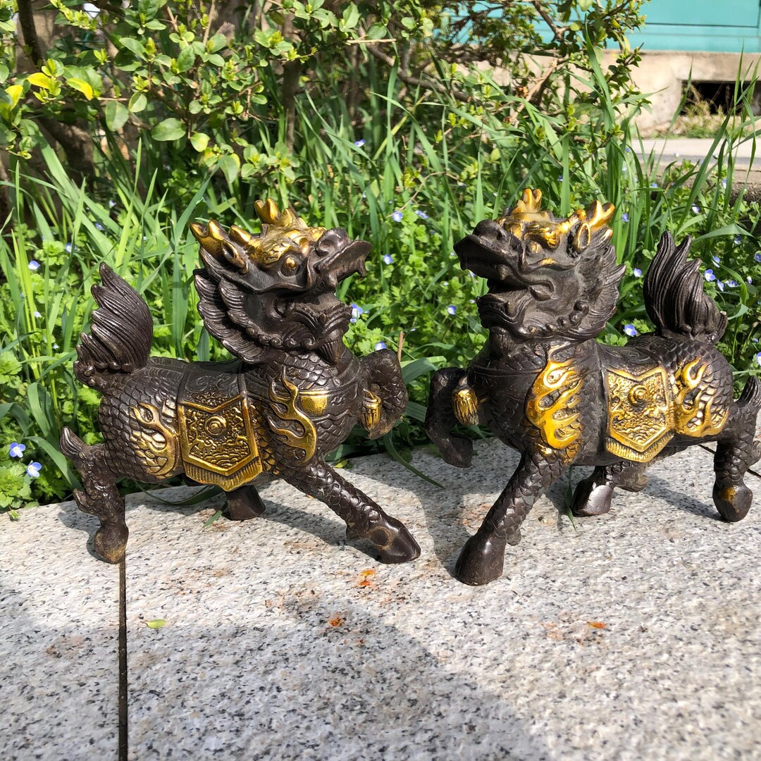 Pair Copper Feng Shui Chi Lin Qilin Kei Unicorn, Wealth Porsperity Fu ...