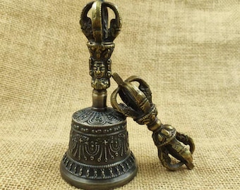 Tom6713 Buddhist Set of 2 Meditation Bell and Dorje Set Tibet Buddhist Tantric Ritual Bell Set Phurba Phurpa Vajra Dorje Nepal Metal  Buddha