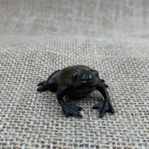 Könnte beinhalten: Kleine, dunkelbraune Froschfigur aus Bronze. Der Frosch sitzt mit ausgestreckten Vorderbeinen. Die Figur hat ein glattes, poliertes Aussehen und steht vor einem strukturierten, neutralfarbenen Hintergrund.