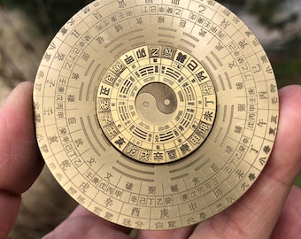 Rotatable Feng Shui Compass, Tai Chi Bagua Plate Copper Round Eight Diagrams Compass Yin Yang rotating plate Chinese metaphysical element G3