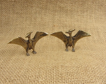 2 szt. mosiężnych figurek pterozaura, miniaturowe dinozaury, miedziana figurka dinozaura, jurajska statuetka stołowa, figurki retro skrzydlatych pterozaurów