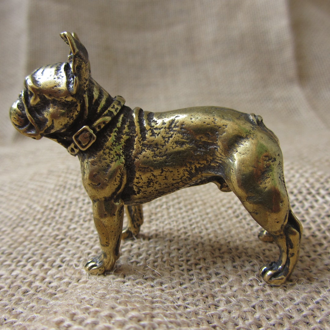 Brass Bulldog Dog Figurine Tiny Retro Animal, Good Luck Housewarming