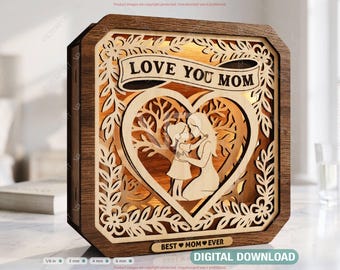 Personalized LED Wooden Shadow Box – Mother & Child Light – Laser Cut Layered Mom Gift Digital Download |#712|