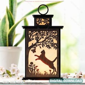 Lanterne fantaisiste silhouette de chat : bougeoir pour bougie chauffe-plat découpé au laser - Veilleuse forêt enchantée en téléchargement numérique |#545|