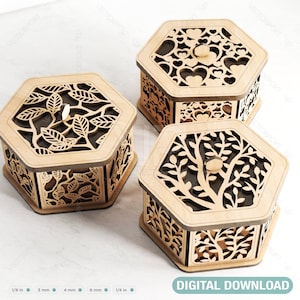 Caja de regalo de madera decorativa hexagonal Corte láser Favor de boda corte láser joyero caja madera contrachapada Archivos de corte Descarga digital /#029/