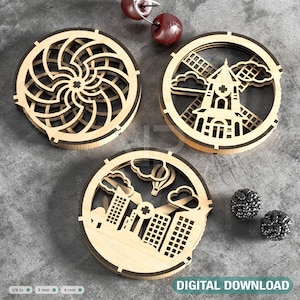 Ronde onderzetter mechanisch lasergesneden stad oude molen scène draaitafel vorm thee kopje koffie mat pad placemat servies digitale download |#266|