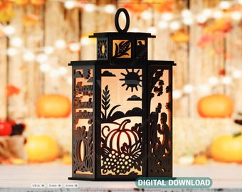 Thanksgiving Tealight Lantern SVG – Autumn Leaves, Pumpkins & Turkey Candle Holder Digital Download |#640|