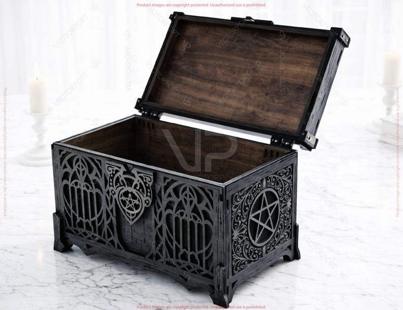 May include: A dark wooden chest with an open lid, revealing a dark interior. The exterior features intricate gothic-style cutouts and a pentagram design. The chest is black with a dark brown interior.