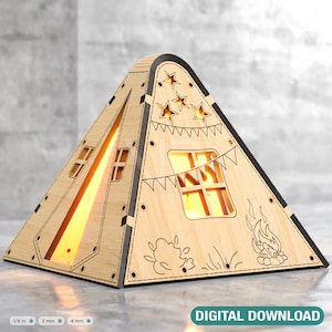Lámpara de luz nocturna con forma de tienda de madera, corte láser, tienda de campaña, pantalla para el hogar, candelabro de mesa, lámpara de mesa, descarga digital SVG /#259/