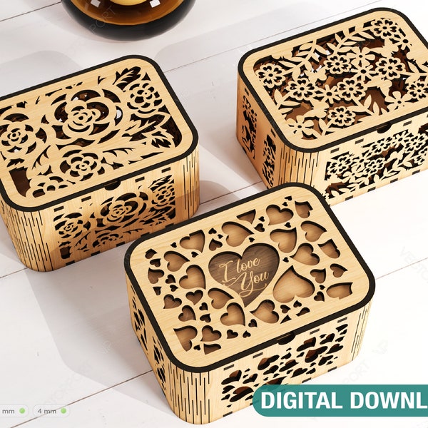 Dekoracyjne drewniane pudełko z kwiatami i wzorem serca plik wycinany laserowo Pudełko na biżuterię Ślub Pudełko urodzinowe Pudełko na Dzień Matki Digital Download |#220|