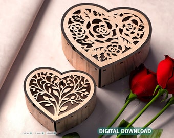 Heart shape Laser cut wooden gift box for Valentine’s Day, Jewelry case, Romantic Wedding box Digital Download |#363|