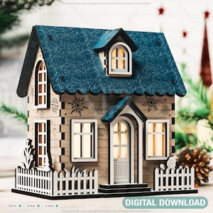 Miniature maison enneigée au pays des merveilles de l'hiver Village de Noël Scène du nouvel an Découpe laser en téléchargement numérique | #511|