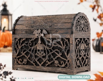 Halloween Gothic Treasure Chest Laser Cut SVG Skull Coffin Chest Digital Download |#741|