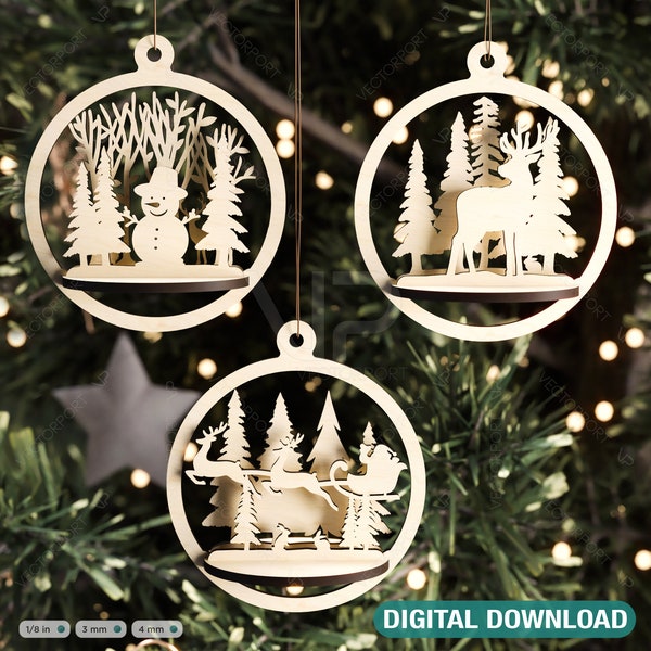 3D árbol Bauble madera corte láser bola de Navidad ornamento decoraciones de árbol de año nuevo SVG Descarga digital /#265/