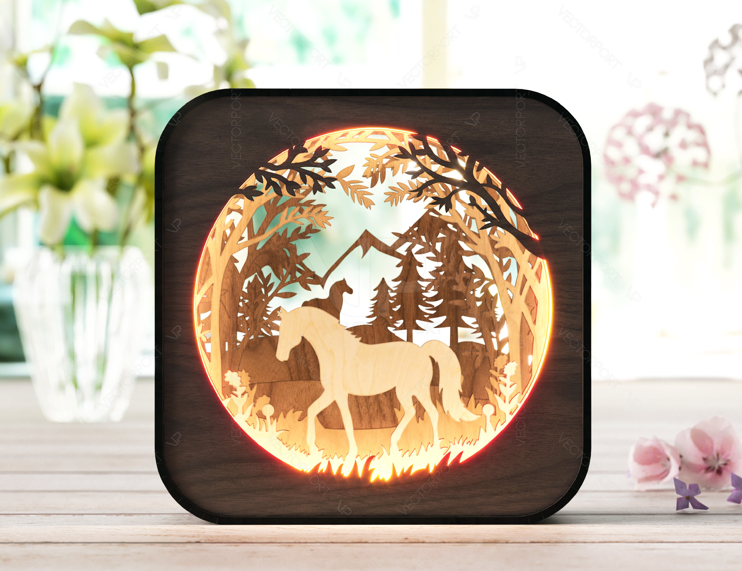 Horse Silhouette Forest Glow: Laser Cut LED Lamp Rectangle Night