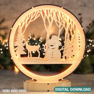 Navidad Escena nevada Muñeco de nieve y ciervo 3D Luz LED Corte láser Lámpara de noche Lámpara de mesa de noche moderna redonda Descarga digital /#262/