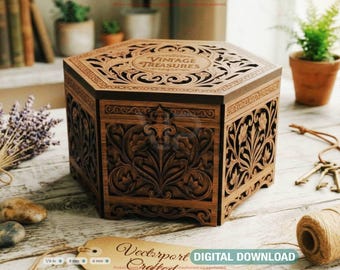 Vintage Hexagon Wooden Box SVG | Laser Cut Keepsake Memory Box Decorative Storage Digital Download |#706|