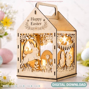 May include: A wooden Easter lantern with laser-cut designs of a bunny, eggs, and chicks. The lantern has a handle and the words "Happy Easter" on the roof. The lantern is illuminated from within, creating a warm glow. Easter decor.