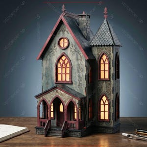 May include: A detailed, gray and red miniature haunted house with illuminated windows. The house features a tower, arched windows, and a porch. A book, pens, and a coin are on the wooden surface in front of the house.